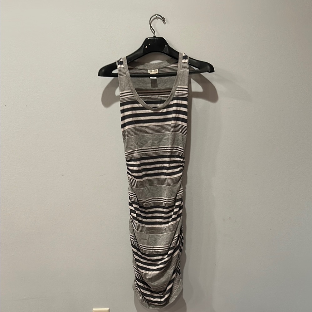 Gray and White Ruched Midi Sheath Dress
